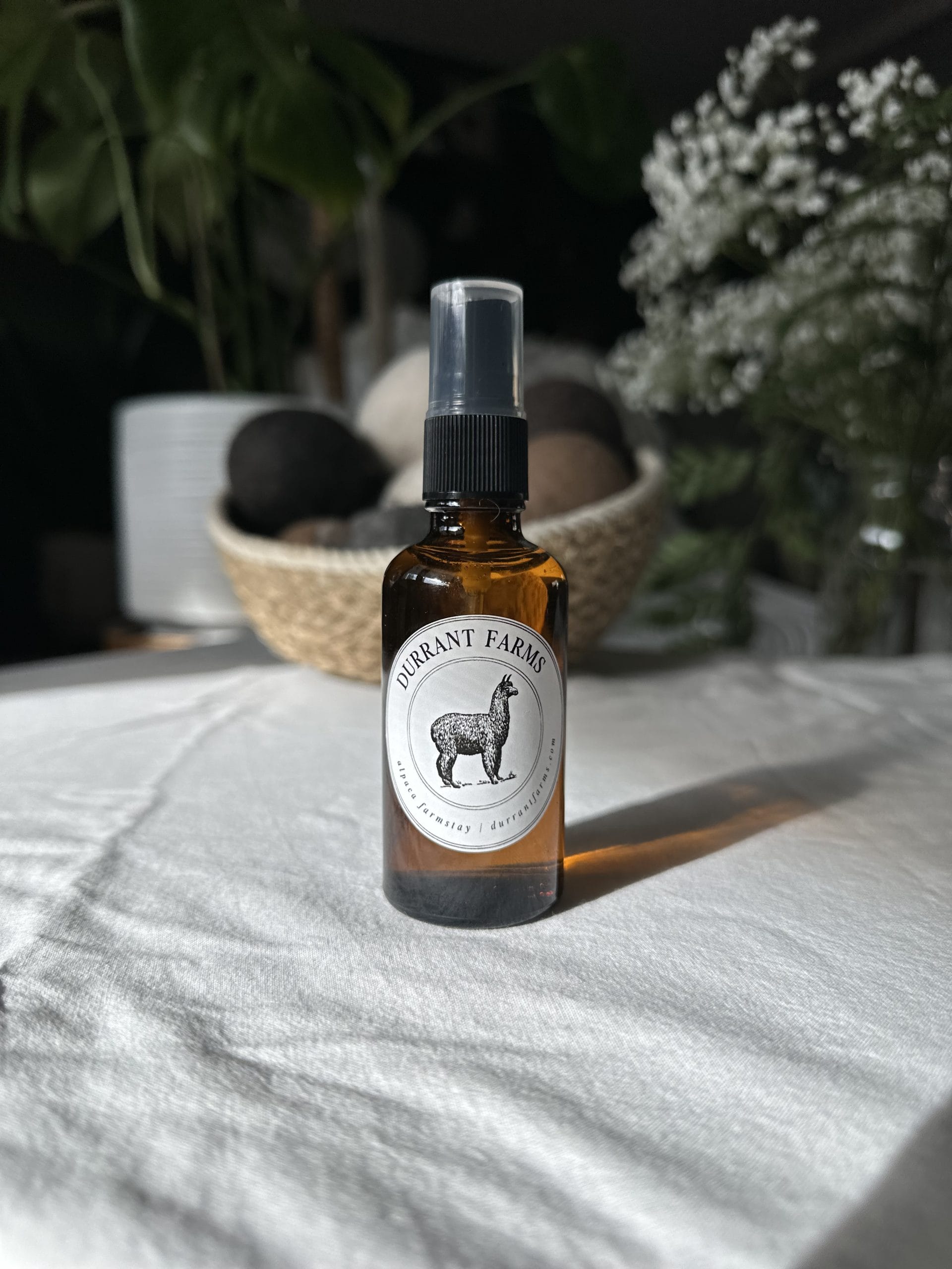 A bottle of Dryer Ball Spray sitting on a table.