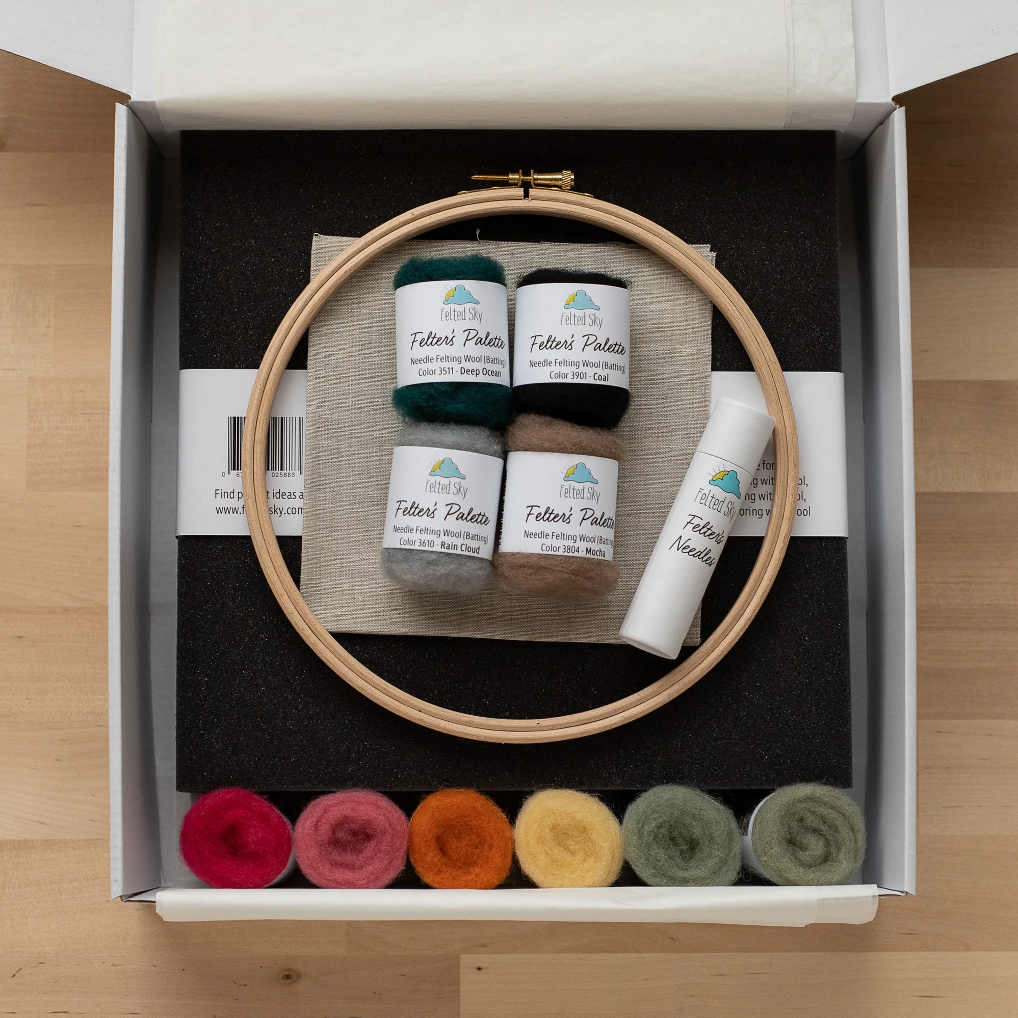 A box with a hoop, yarn and Butterfly Needle Felting Kit.