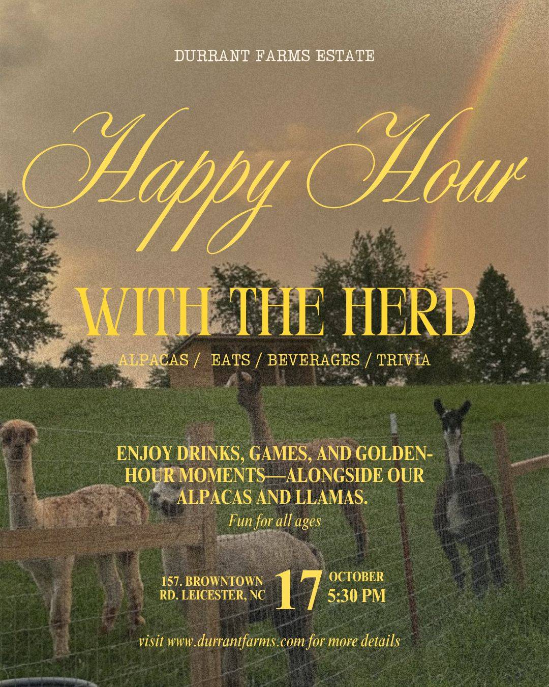 Happy Hour With The Herd flyer shows alpacas and llamas in a sunlit field, inviting you to farm fun, food, and games October 17.
